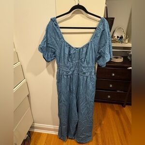 Denim Waist Defined Puff Sleeve Jumpsuit